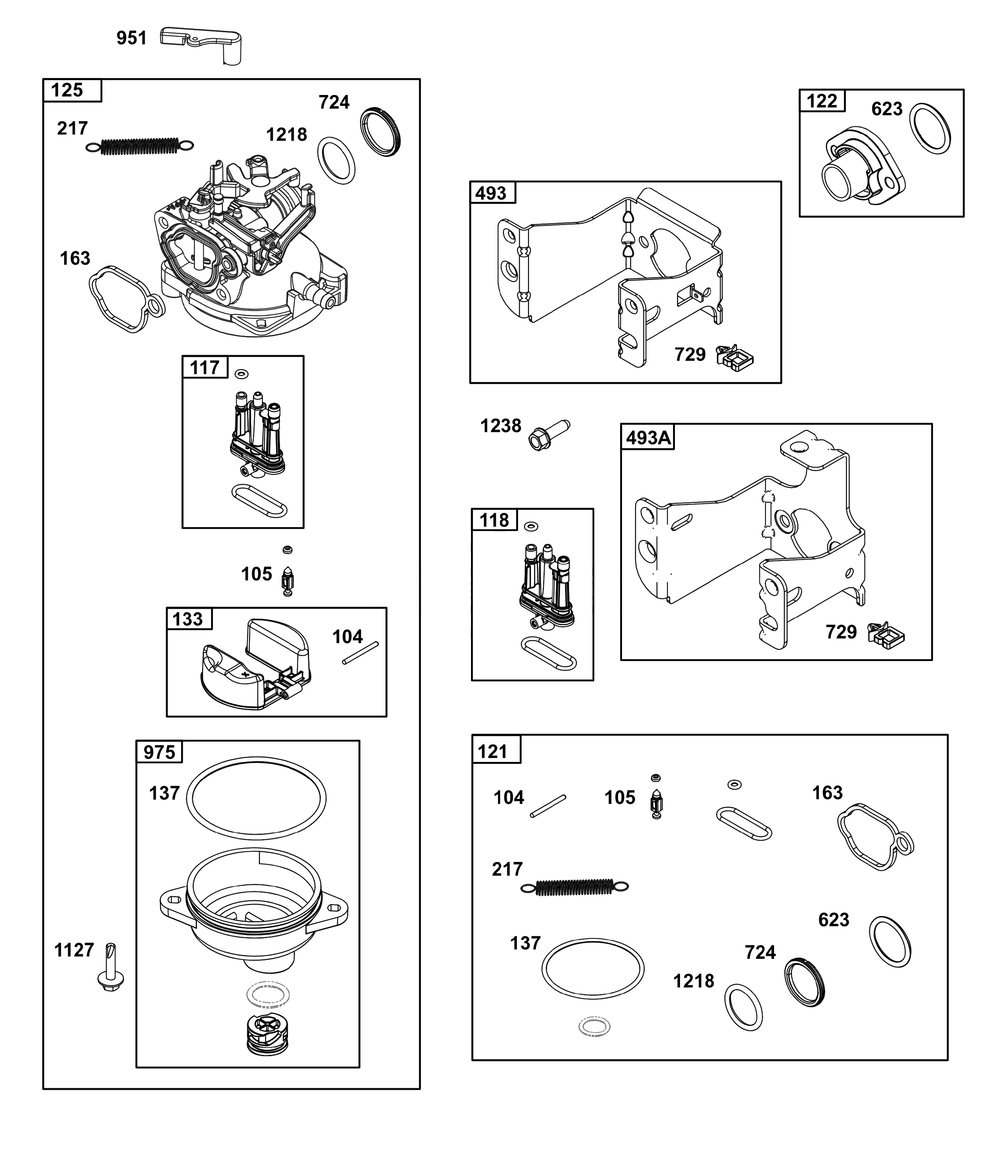 Carburetor Group Diagram and Parts List for 125P02-0026-H5 100000 - 19Z999 Briggs and Stratton Engine